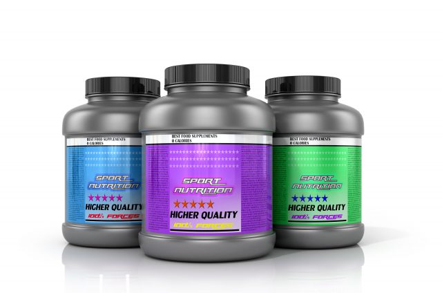 Sports nutrition supplements on a white background